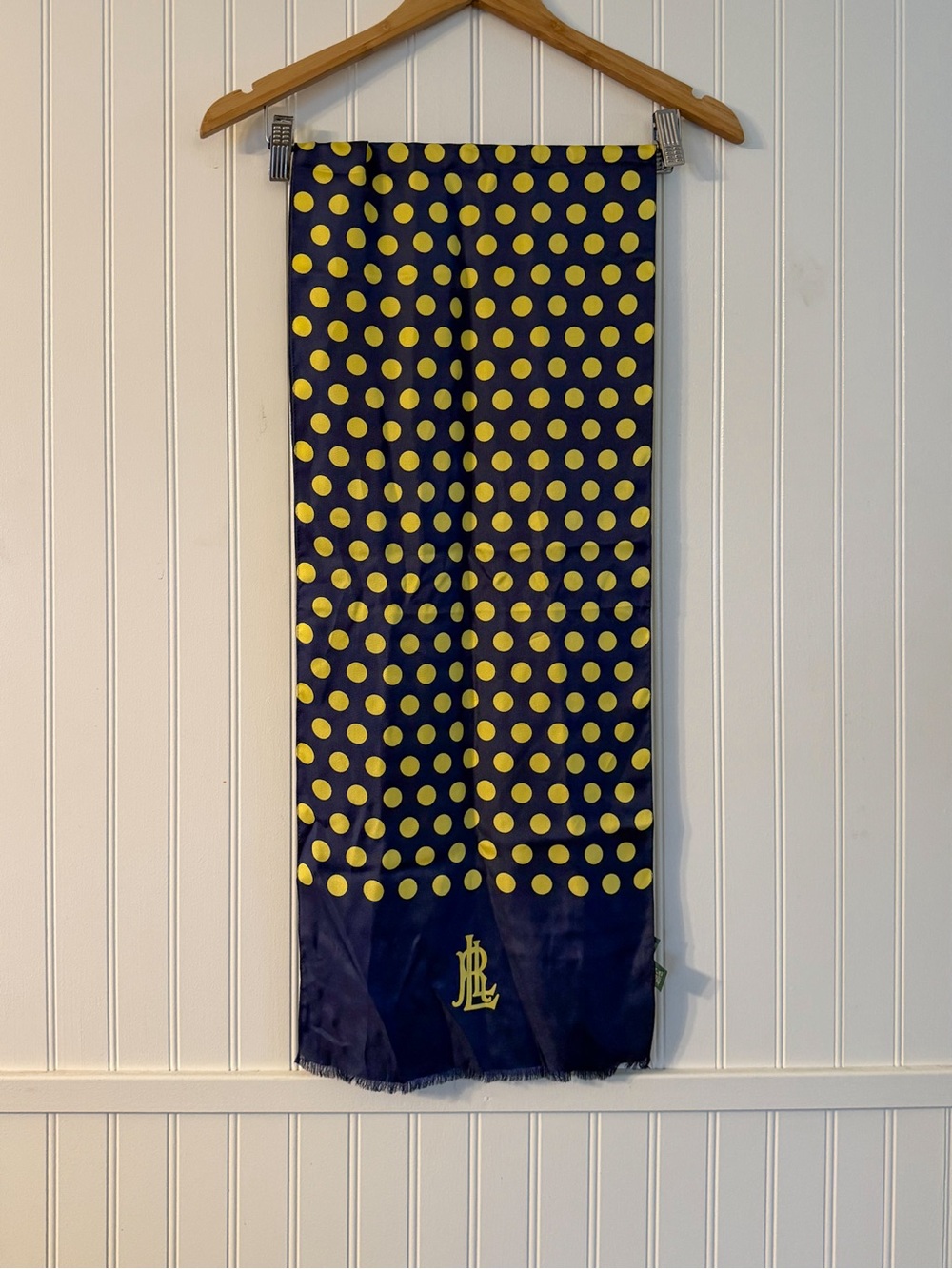 Vintage Lauren Ralph Lauren 100% Silk Polka Dot Scarf Navy Yellow